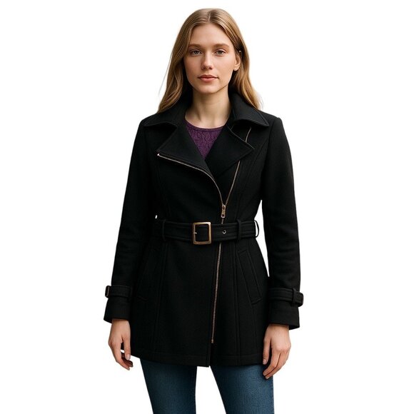 Bebe Long Wool Blend Duster Peacoat Black Size M Minimalist Quiet Luxury Winter - Picture 1 of 16